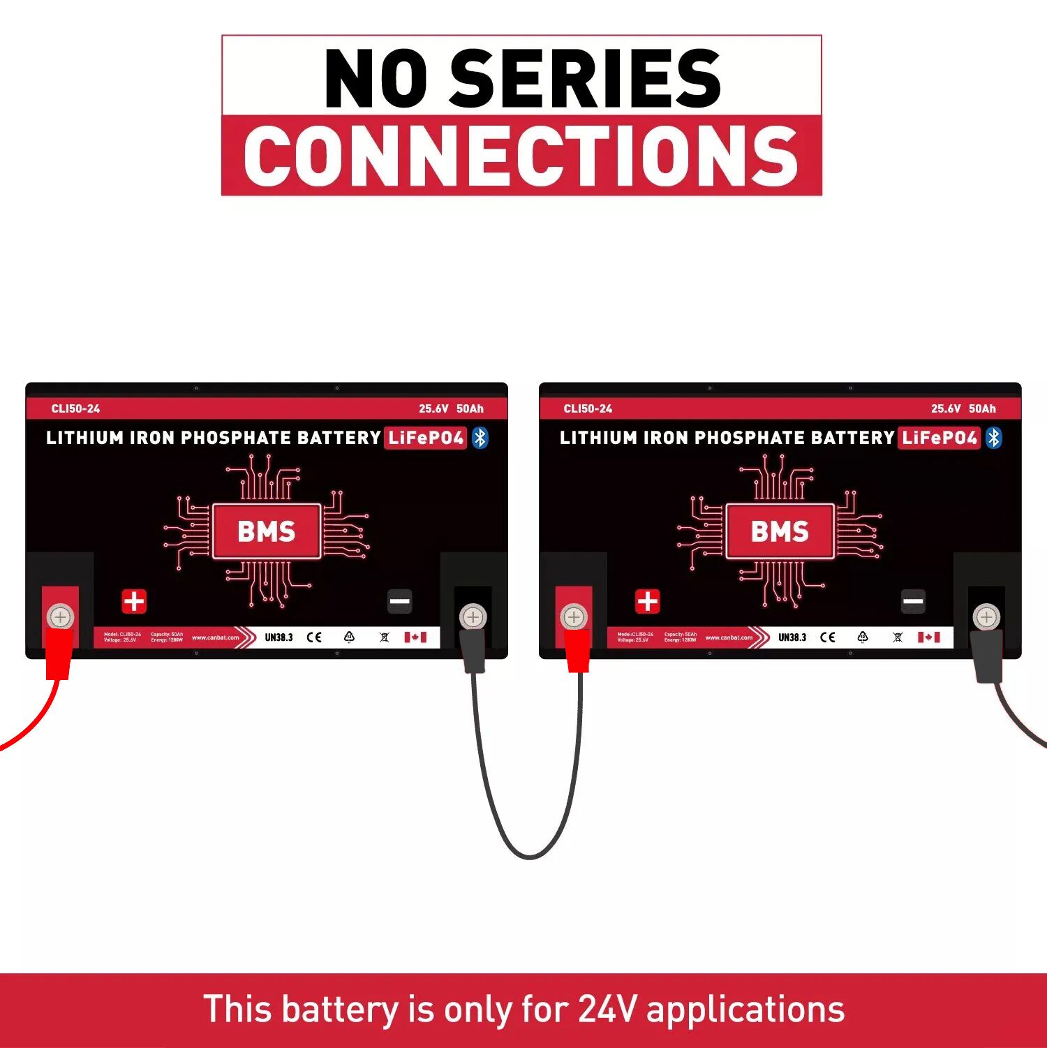 24V 50Ah Lithium Battery 5 CLI50-24 No Series Connection. This model is only for 24V applications and can be connected in parallel