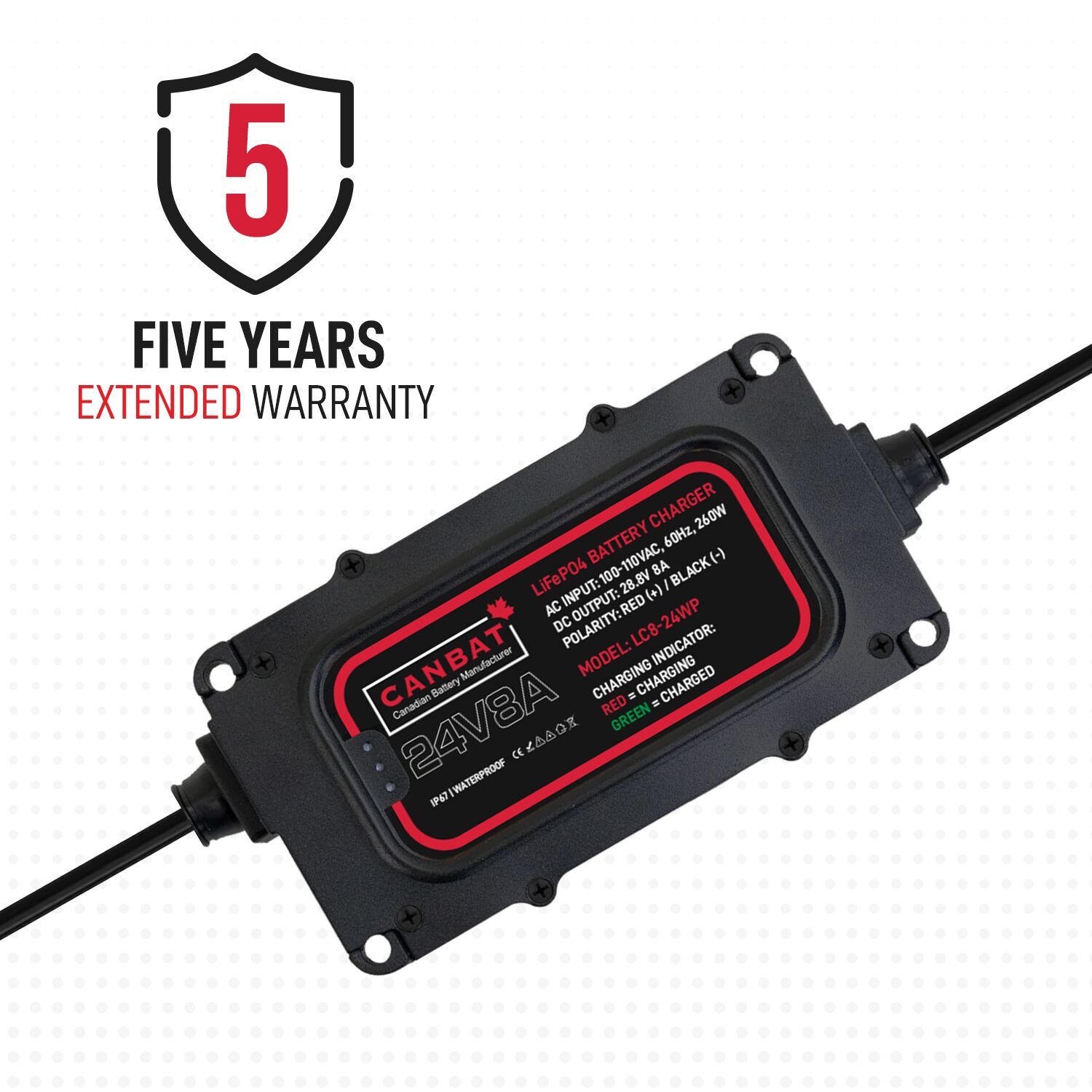 24V 8A Waterproof Lithium Battery Charger (LiFePO₄) 5 5 year warranty