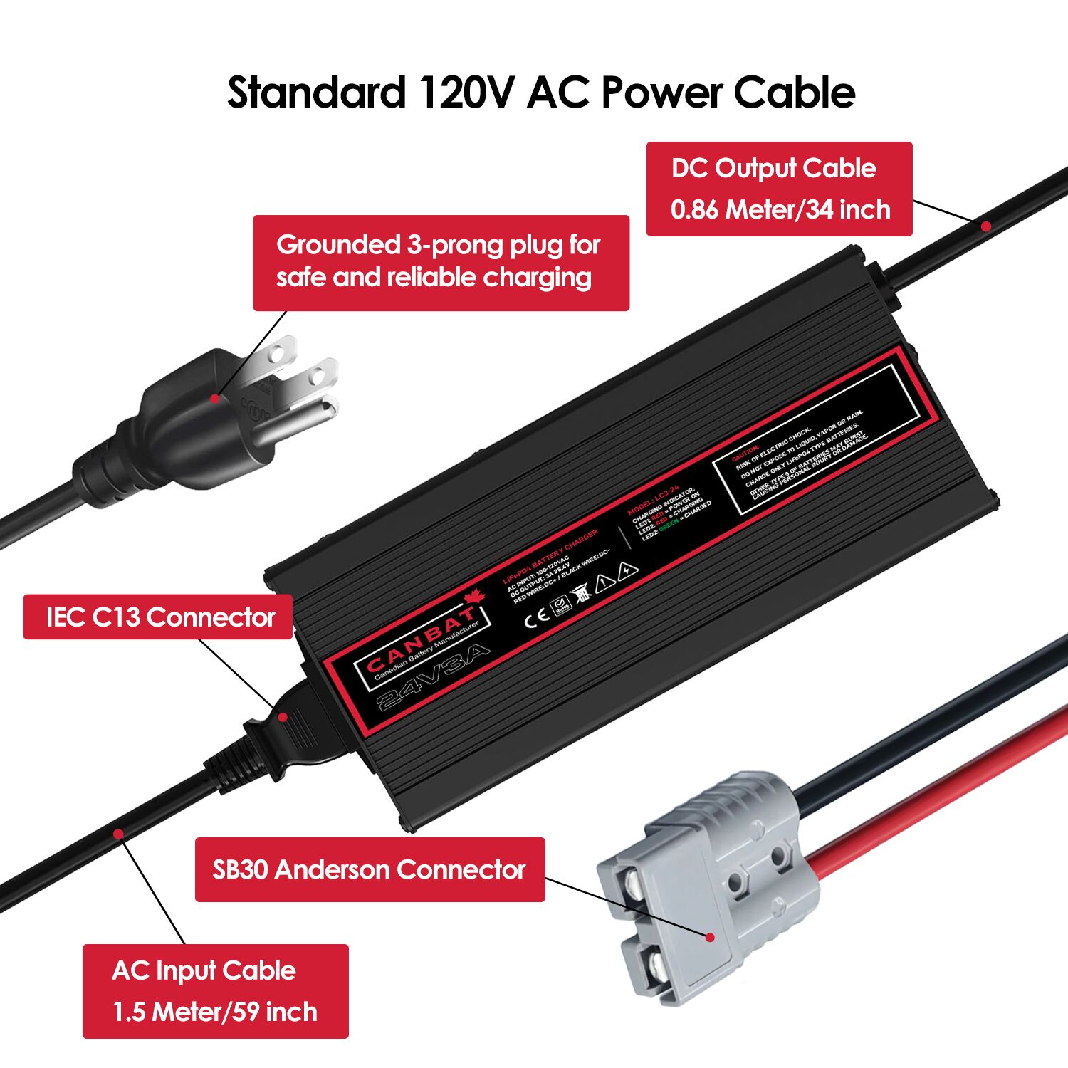 24V 3A Lithium Battery Charger (LiFePO₄) 3 LC3-24 (24V 3A Battery charger Power Cable)