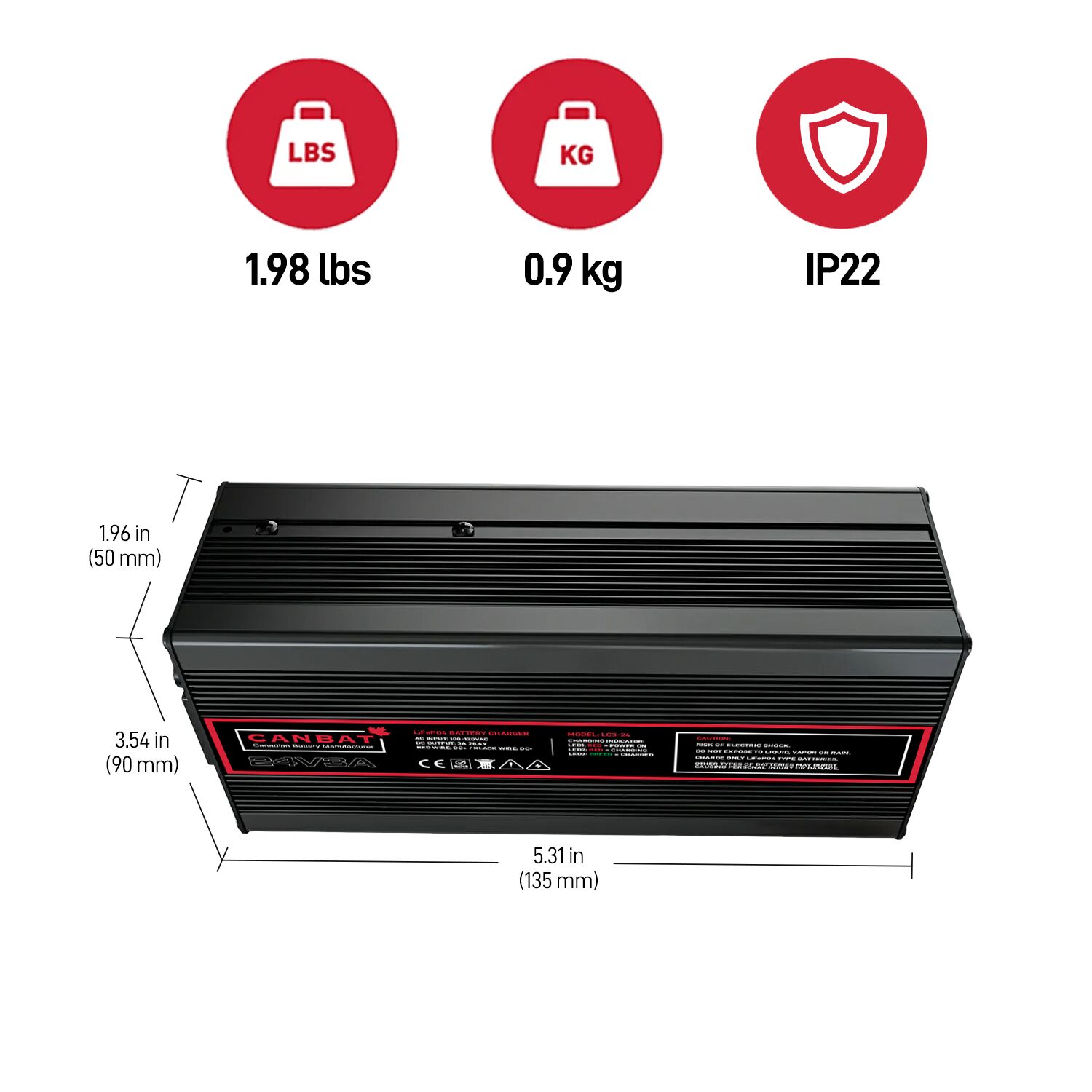 24V 3A Lithium Battery Charger (LiFePO₄) 2 LC3-24 Dimensions