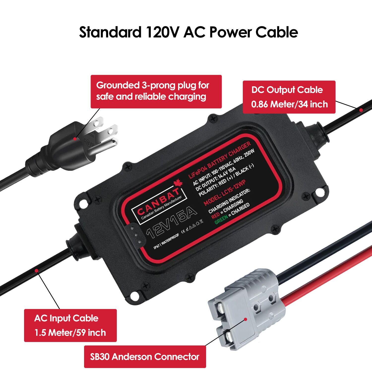 12V 15A Waterproof Lithium Battery Charger (LiFePO₄) 3 LC15-12WP (12V 15A Battery charger Power Cable)