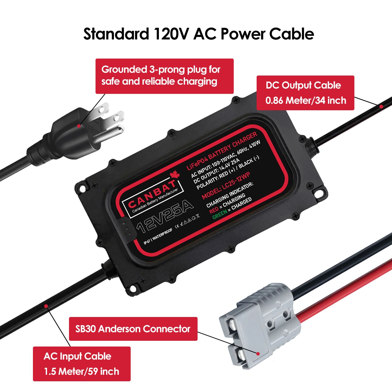 12V 25A Waterproof Lithium Battery Charger (LiFePO₄) 3 LC25-12WP (12V 25A Battery charger Power Cable)