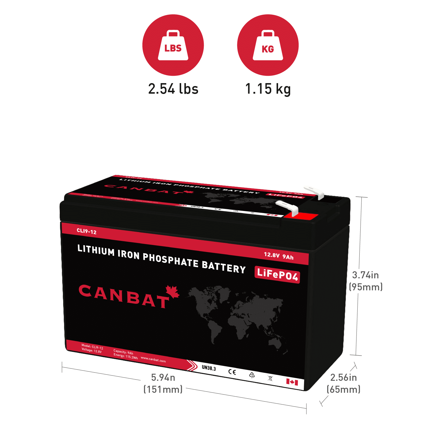 12V 9Ah Lithium Battery 2 Canbat 12V 9Ah Lithium Battery Dimensions and Weight