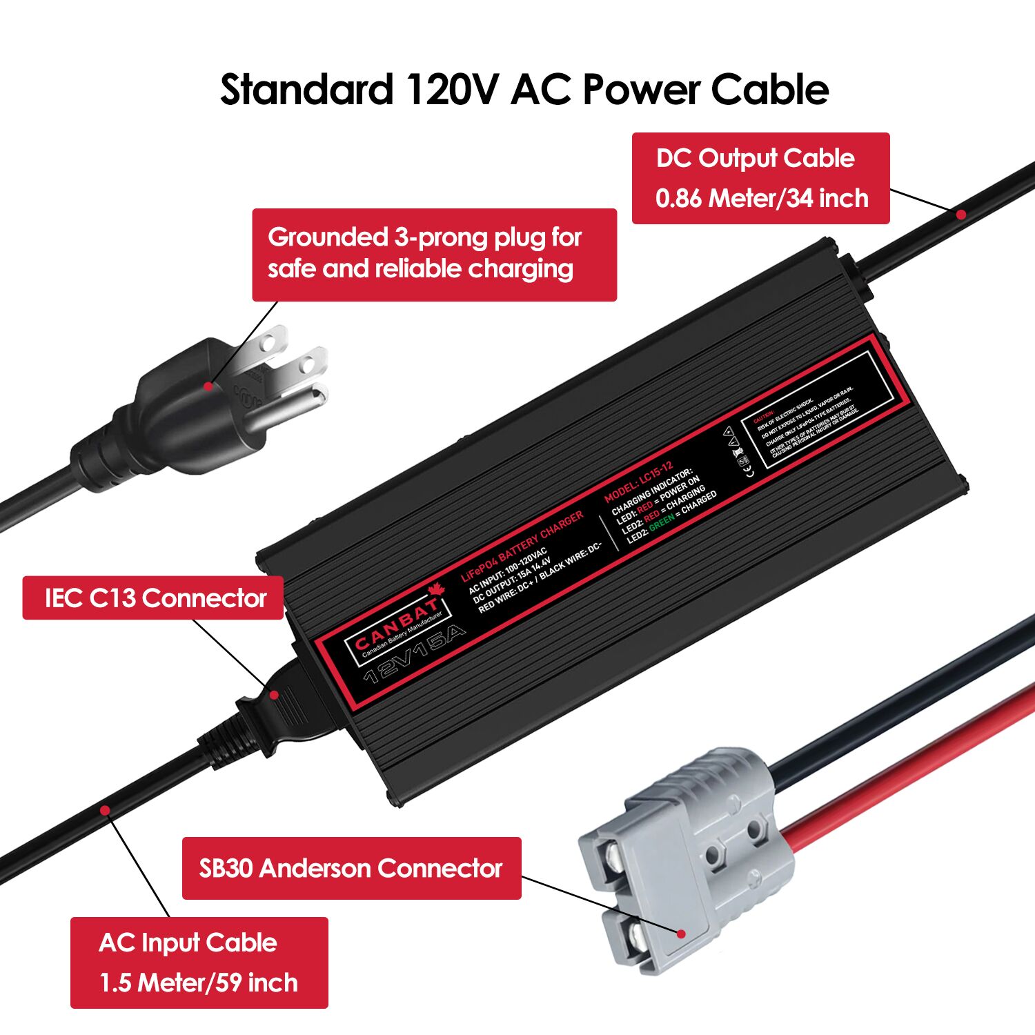 12V 15A Lithium Battery Charger (LiFePO₄) 3 LC15-12 (12V 15A Battery charger Power Cable)