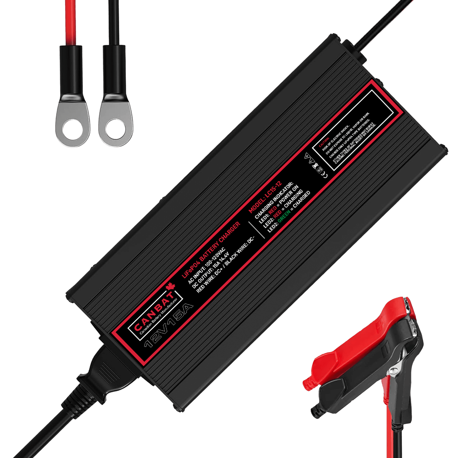 12V 15A Lithium Battery Charger (LiFePO₄) 1 12V 15A LiFePO4 Battery Charger. 12V Lithium charger. Power cable, alligator clips and M8 eyelets included.