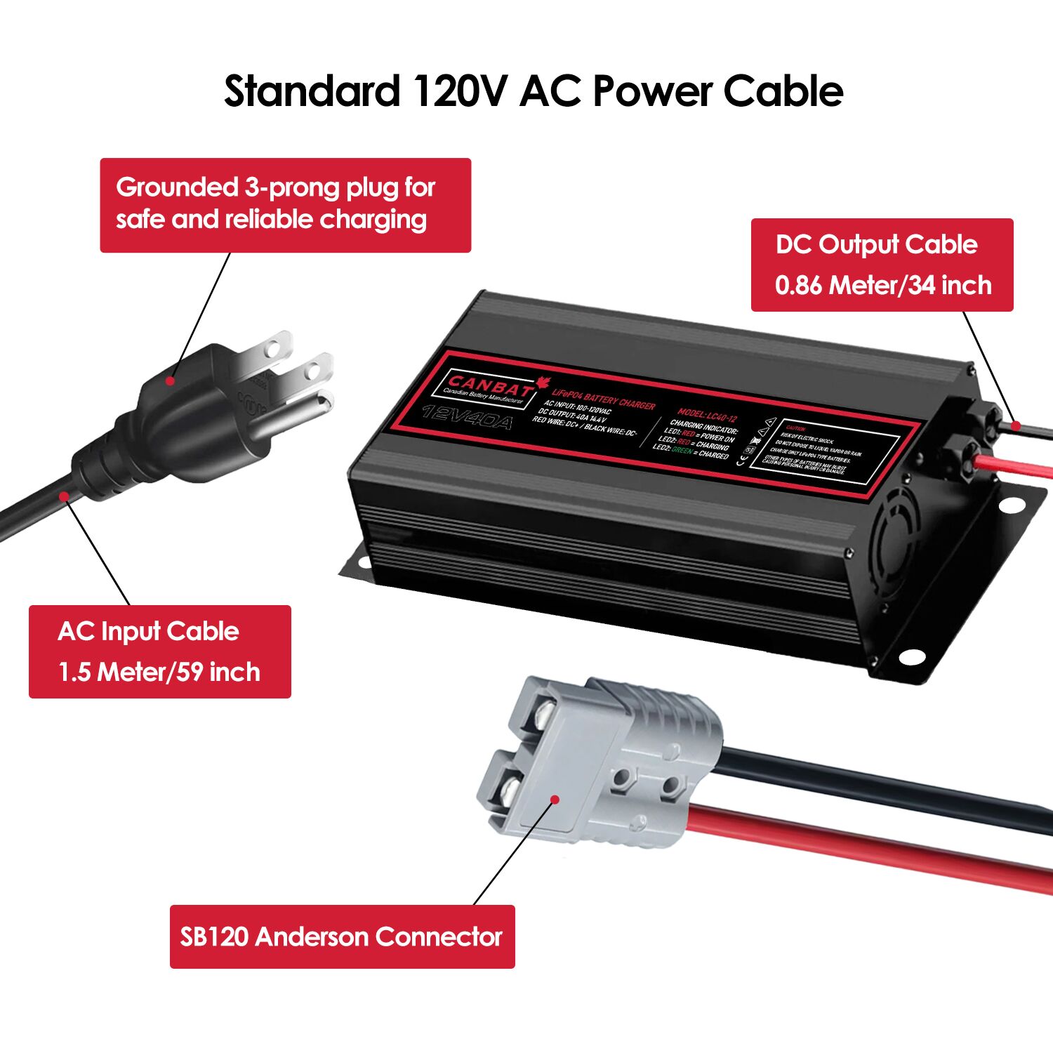 12V 40A Lithium Battery Charger (LiFePO₄) 3 LC40-12 (12V 40A Battery charger Power Cable)