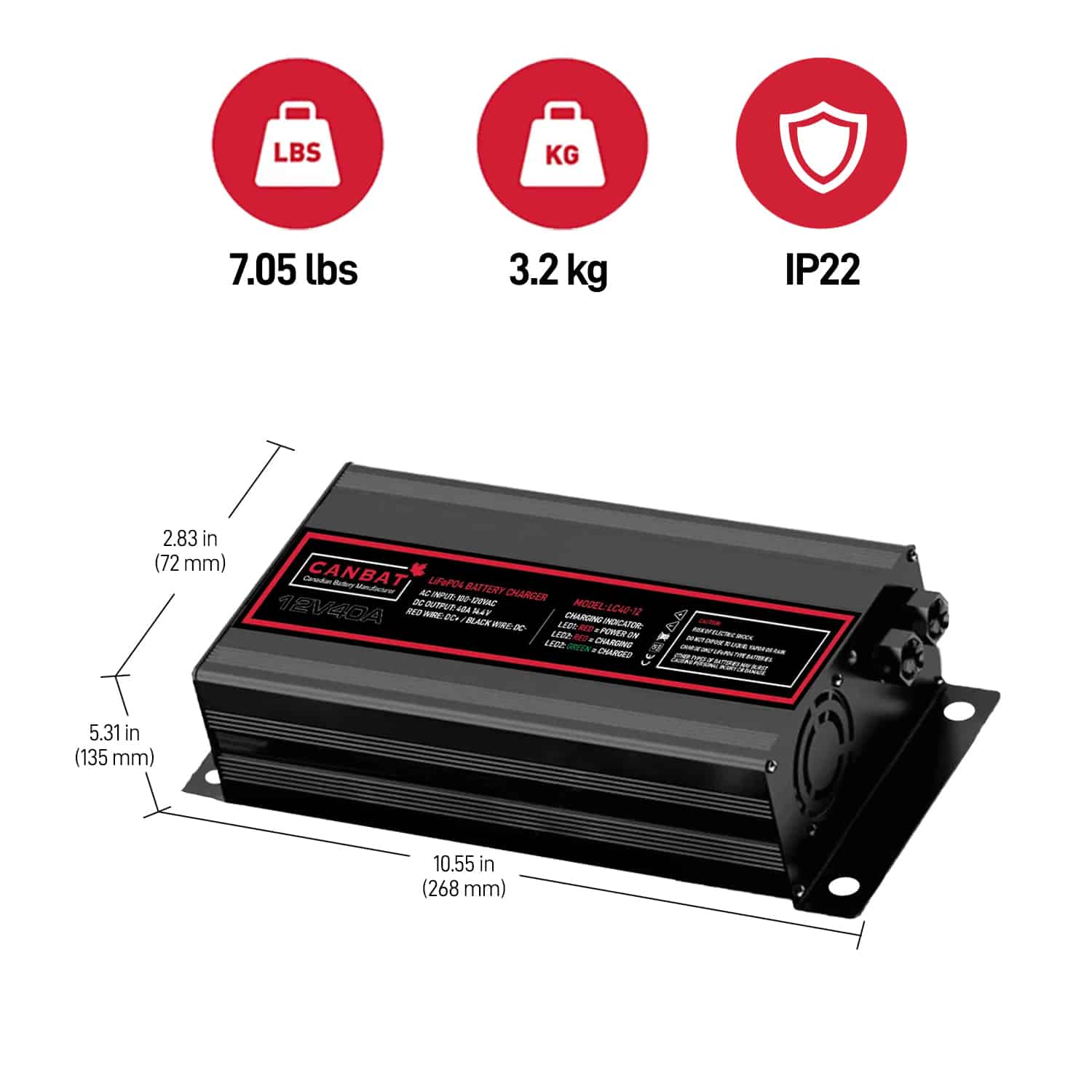12V 40A Lithium Battery Charger (LiFePO₄) 2 LC40-12-Dimensions