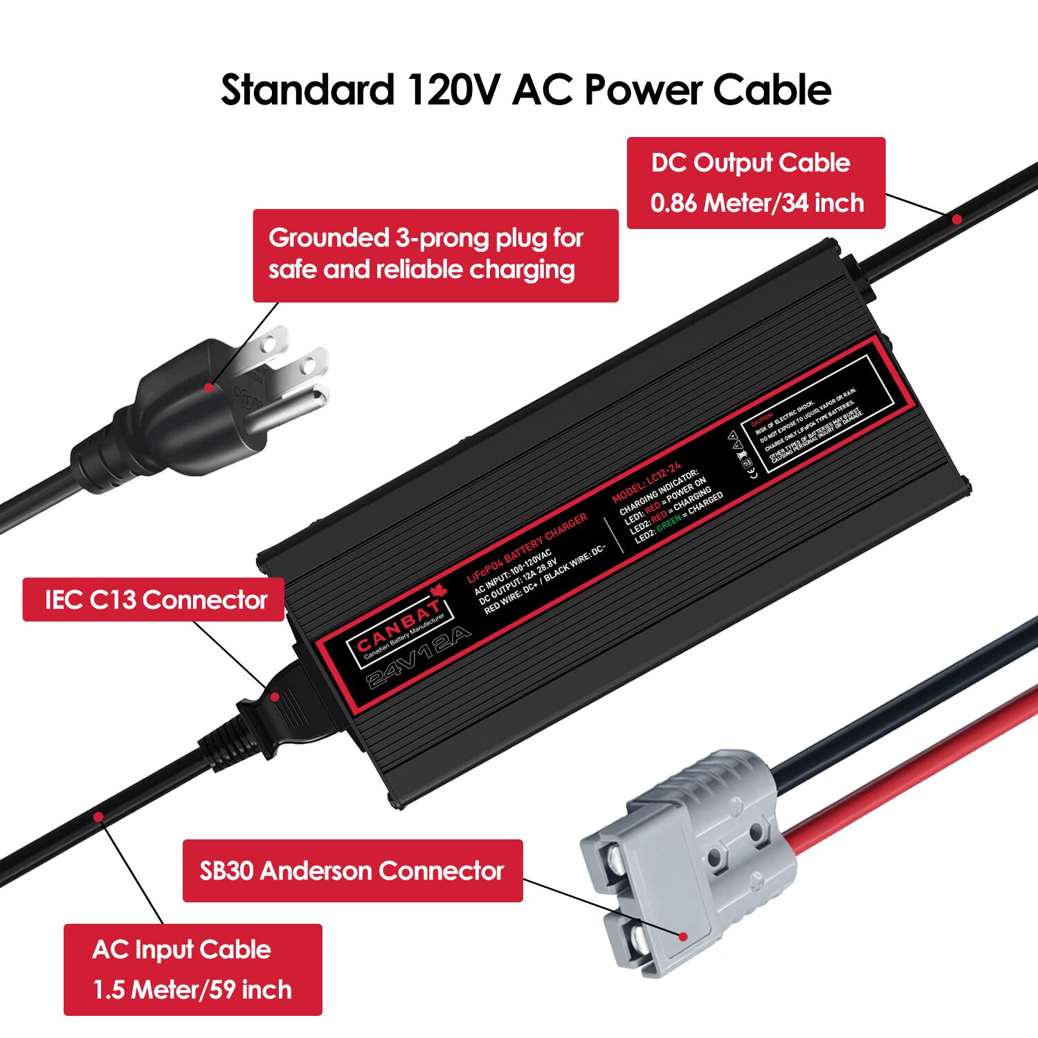 24V 12A Lithium Battery Charger (LiFePO₄) 3 LC12-24 (24V 12A Battery charger Power Cable)