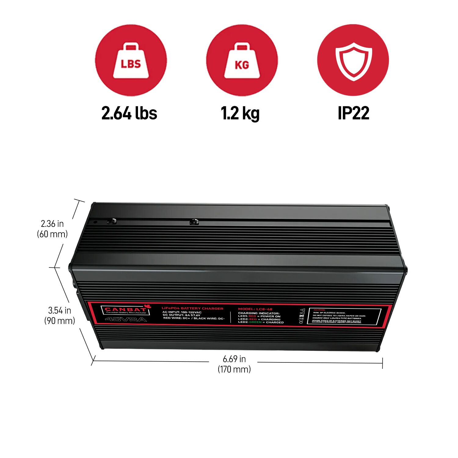 24V 12A Lithium Battery Charger (LiFePO₄) 2 LC12-24-Dimensions